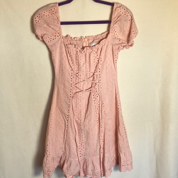 Peasant style Pink Summer Dress Lace up Front Lined with Floral size M - Picture 1 of 8